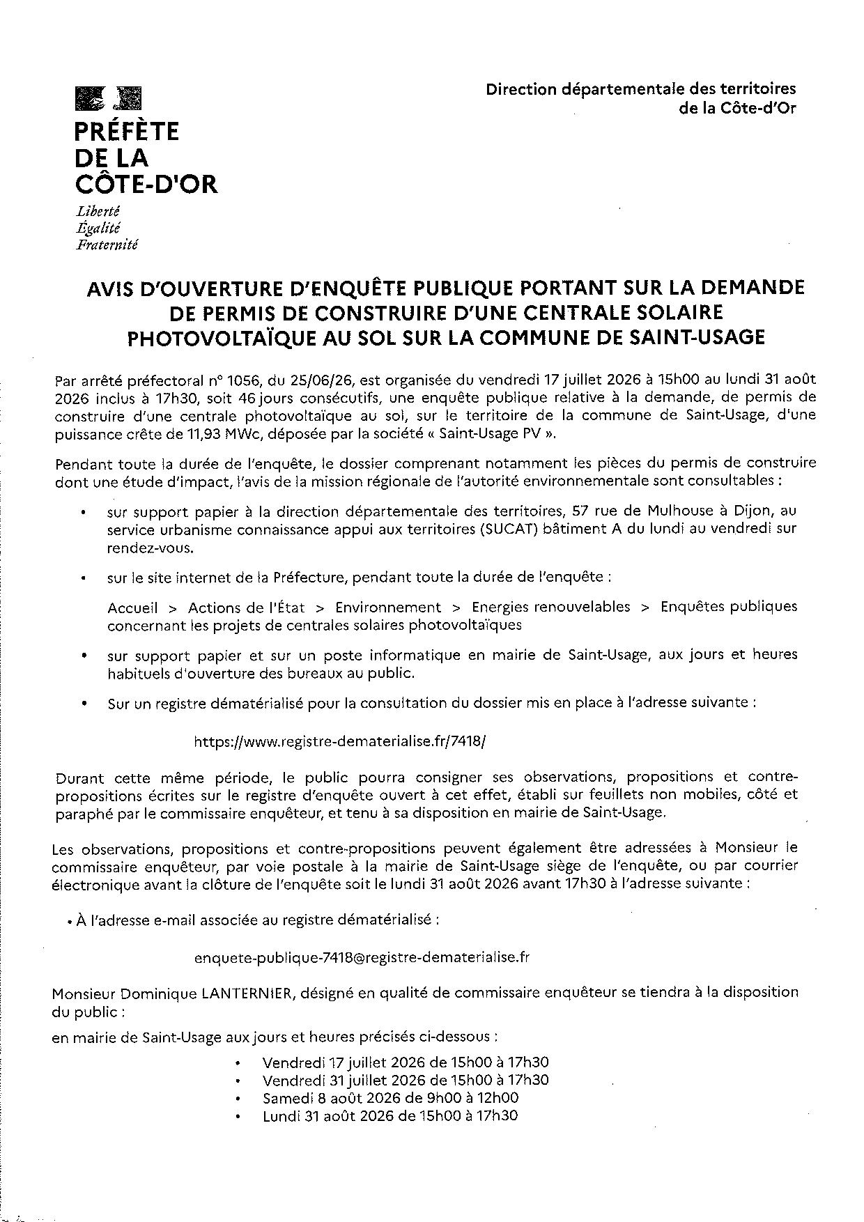 AVIS D'OUVERTURE D'ENQUÊTE PUBLIQUE